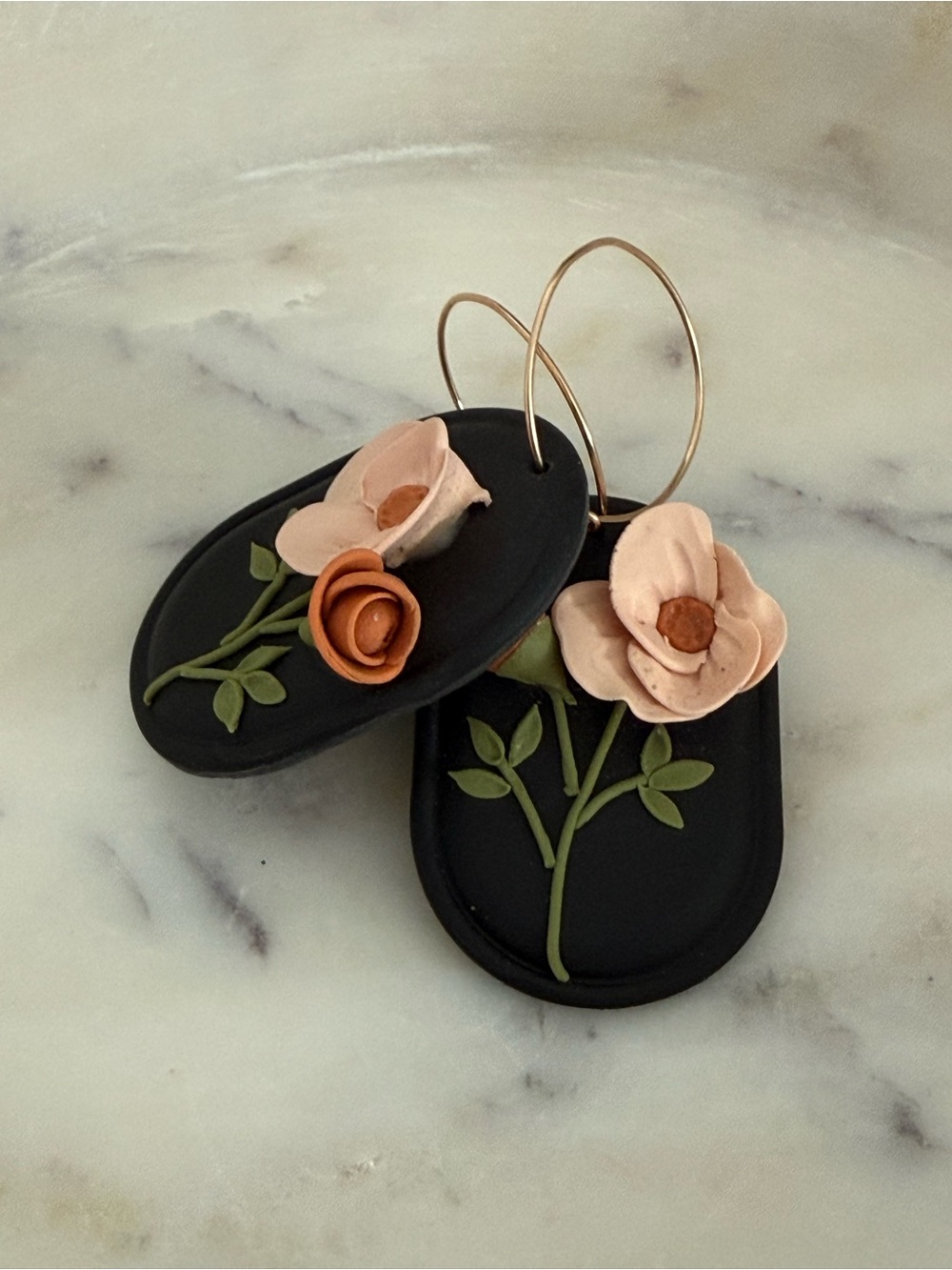 Meeshmade Handmade Polymer Clay Floral Earrings Black Peach Gold Hoop